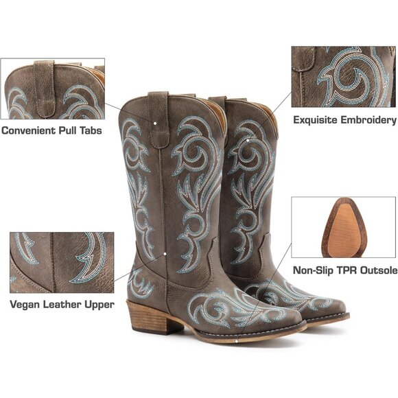 Dream Pairs Women's Brown Mid Calf Cowgirl Boots Square Toe Chunky Heel Shoes - Picture 5 of 8